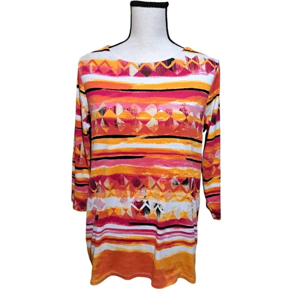 Rafaella Orange Red Pink White Aztec Print Tunic Top Pullover Long Sleeve Large